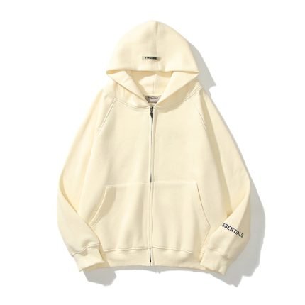 Essentials Reflective Zip-up Oversized Cream Hoodie in front side